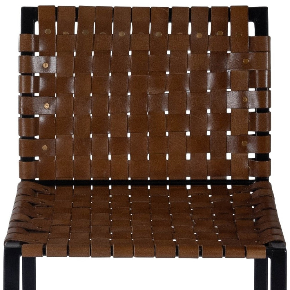 28" Brown and Black Leather and Iron Bar Chair
