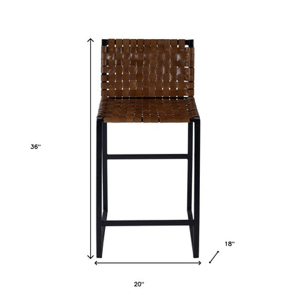 36" Brown and Black Leather and Iron Bar Chair