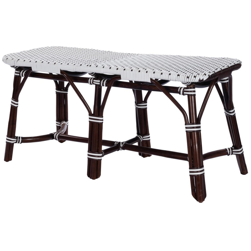 43" White and Dark Brown Rattan and Wicker Bench