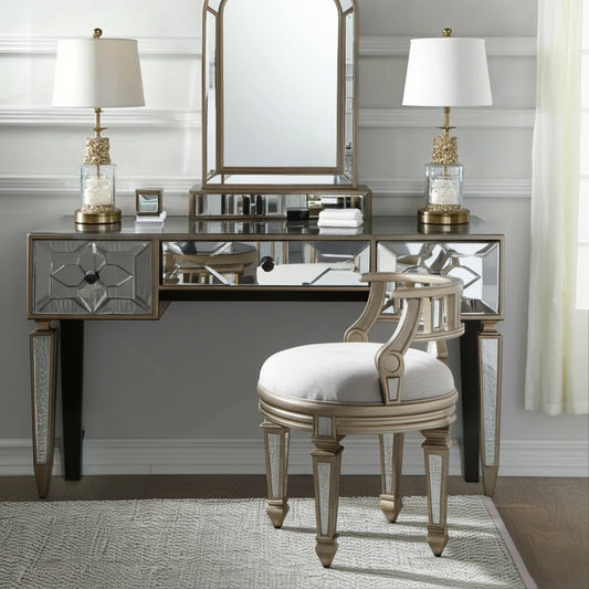 21" Cream Linen And Silver Metallic Round Ottoman