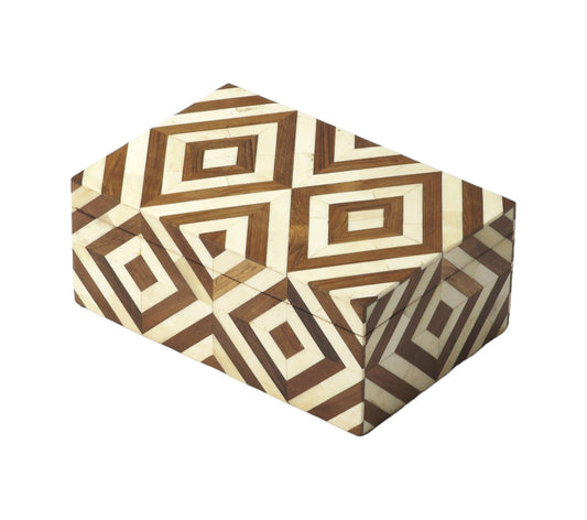 12" Brown And Ivory Bone Inlay And Solid Wood Box With Lid