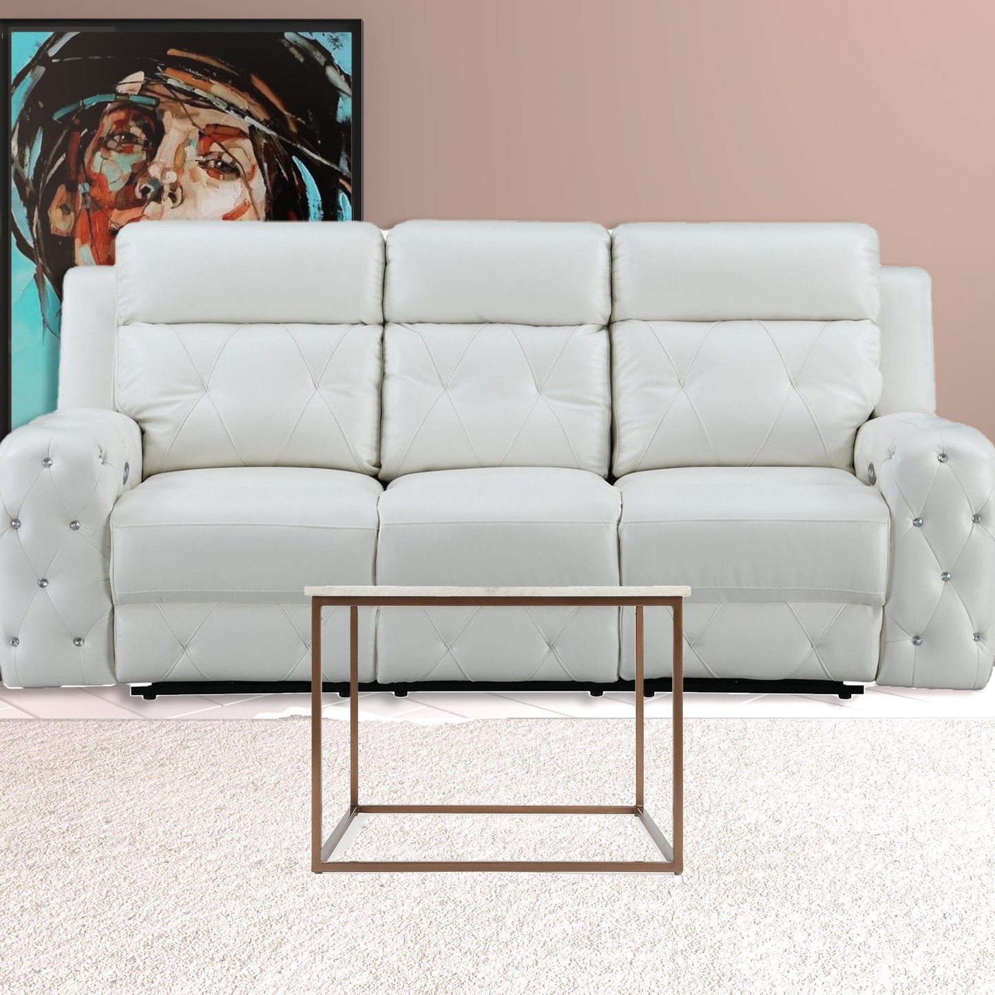 24" White and Copper Genuine Marble and Metal Square Coffee Table