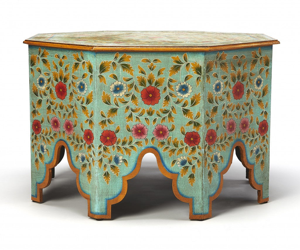 29" Green Wood Hexagon Abstract Floral Coffee Table