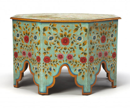 29" Green Wood Hexagon Abstract Floral Coffee Table
