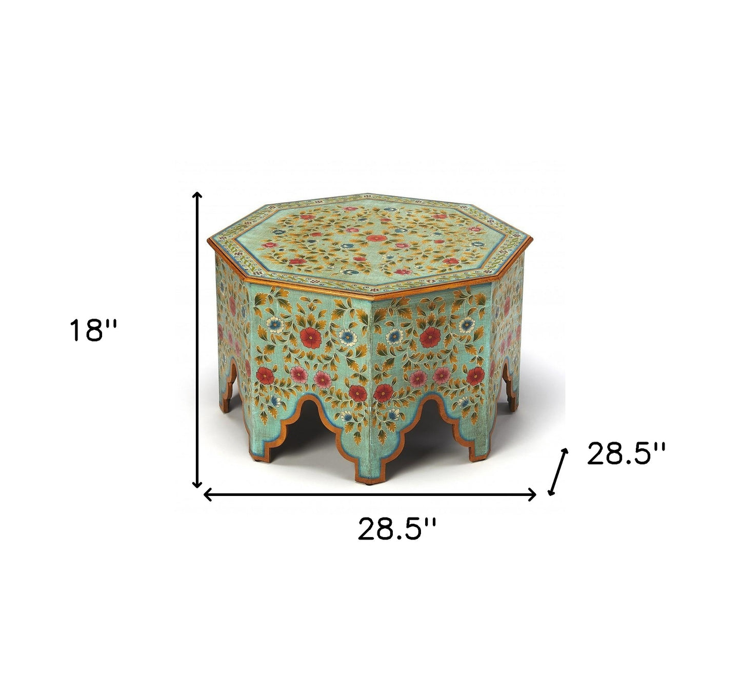29" Green Wood Hexagon Abstract Floral Coffee Table