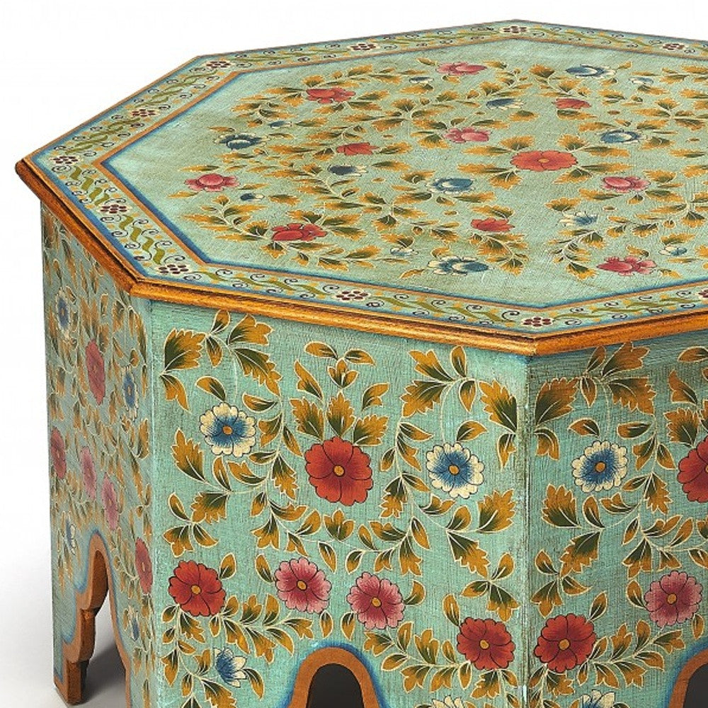 29" Green Wood Hexagon Abstract Floral Coffee Table