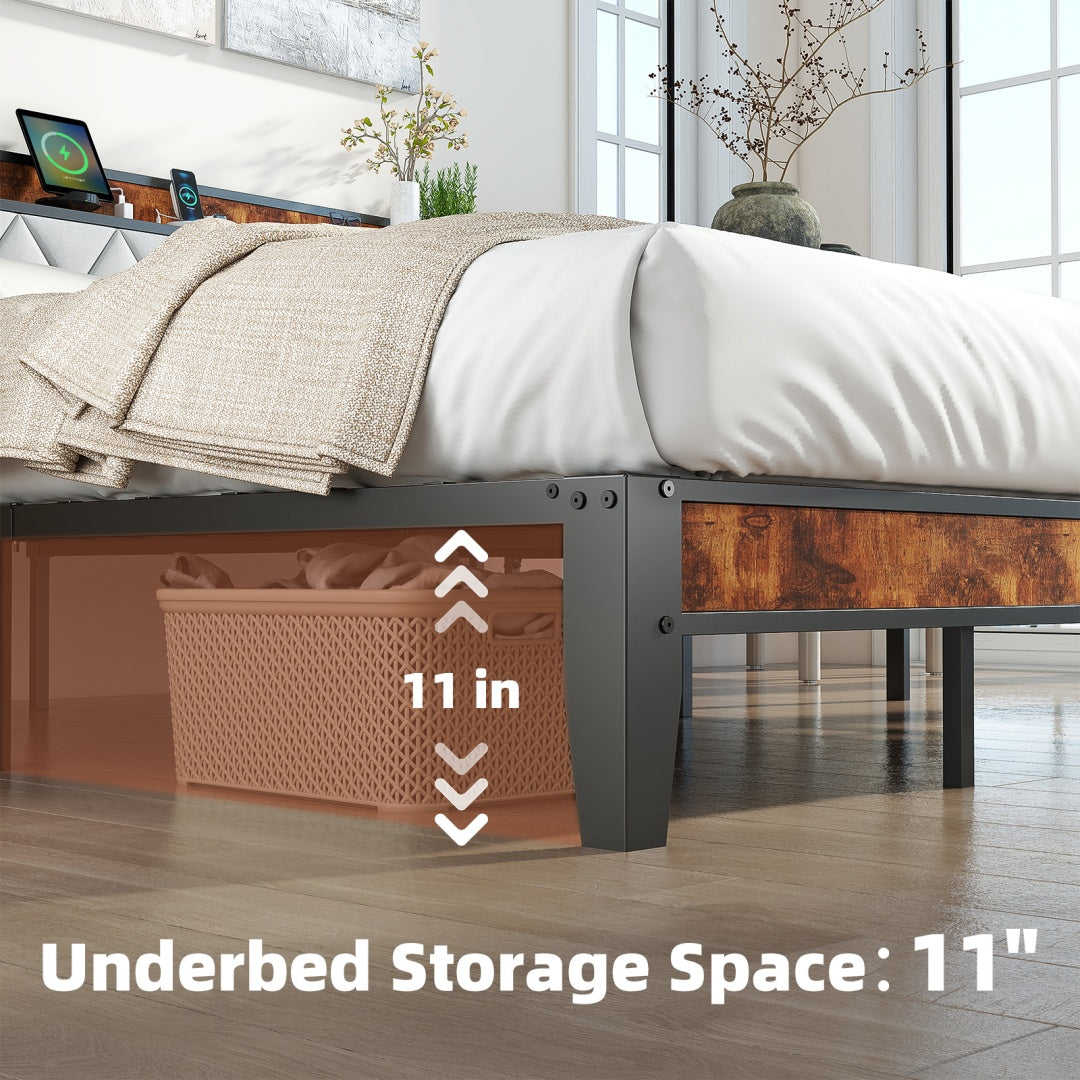 Soft-padded Headboard With Storage, Charging Port, Iron Frame Bed