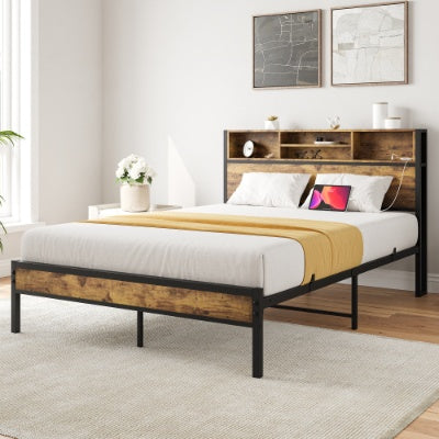 Full Size Bed Frame With Storage Headboard, Metal Platform Bed With Charging Station, Bookcase Storage, No Box Spring Needed, Easy Assembly, Noise-Free, Black