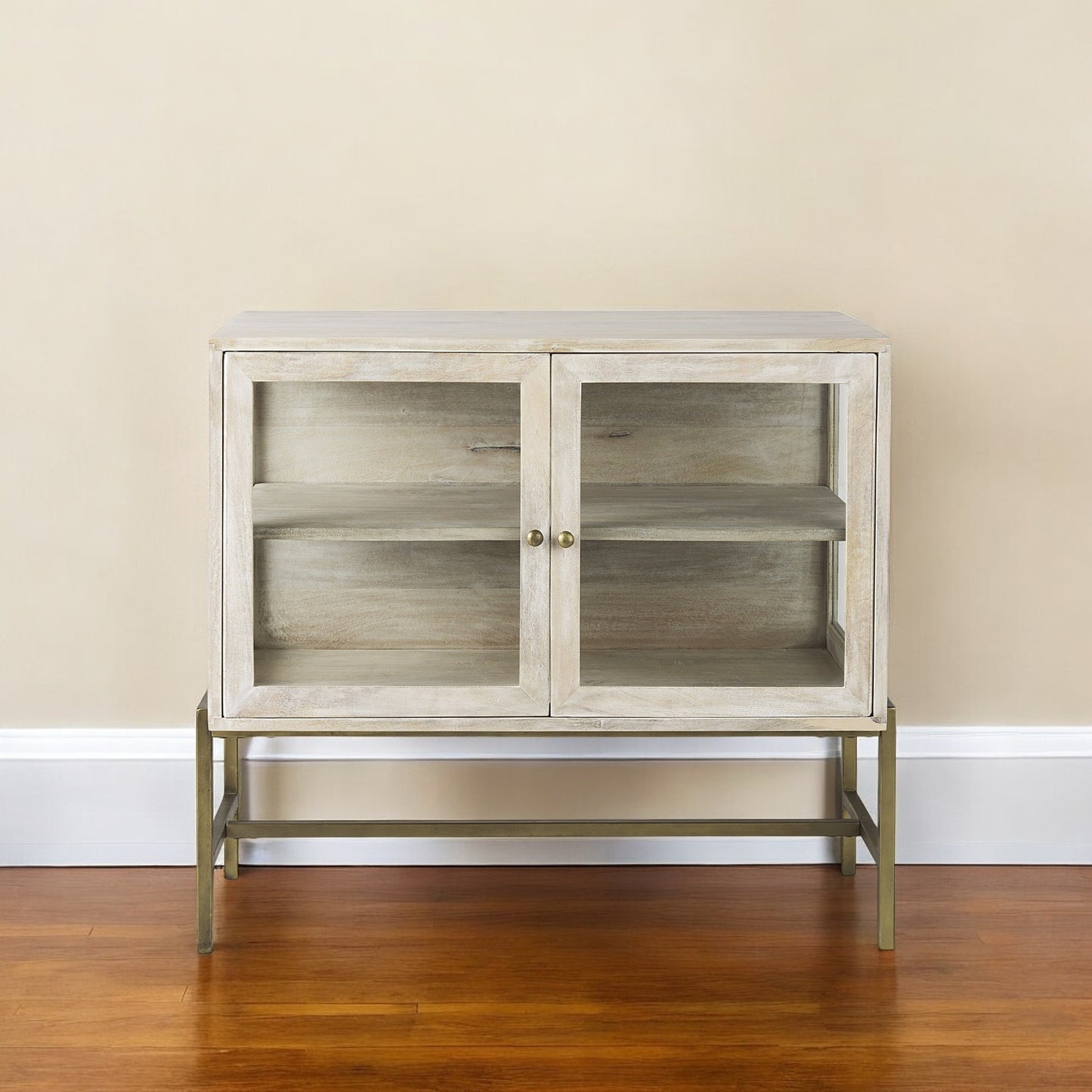 38" White Solid Wood Sideboard with Two Glass Doors