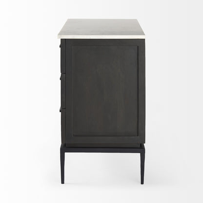 36" Black And White Solid Wood And Marble Three Drawer Dresser