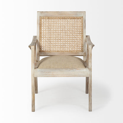 28" Cream and Natural Fabric Distressed Arm Chair