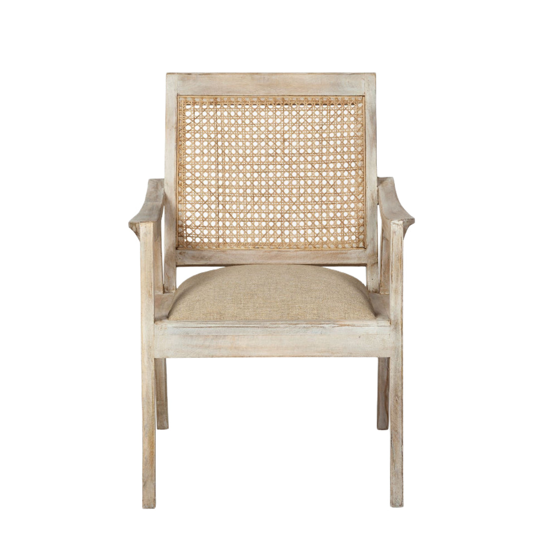 28" Cream and Natural Fabric Distressed Arm Chair