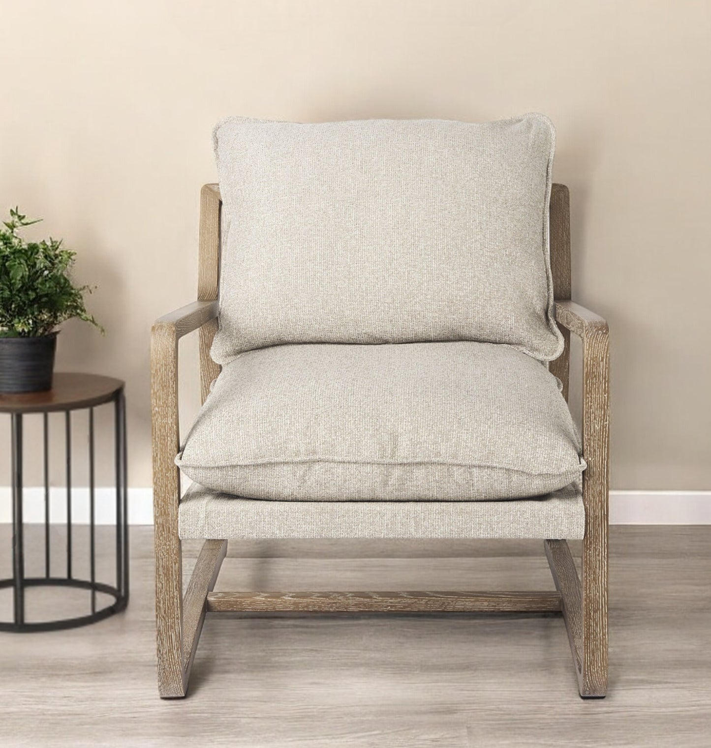 34" Beige And Wood Brown Fabric Lounge Chair