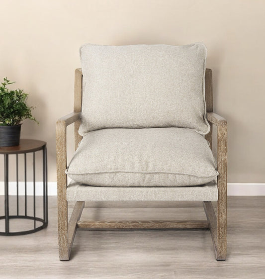 34" Beige And Wood Brown Fabric Lounge Chair
