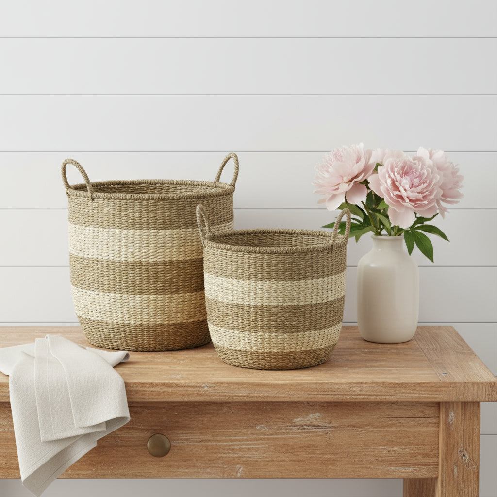 Set of Two Natural And Beige Wicker Basket