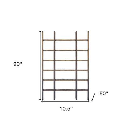 Brown Iron and Solid Wood Six Tier Bookcase