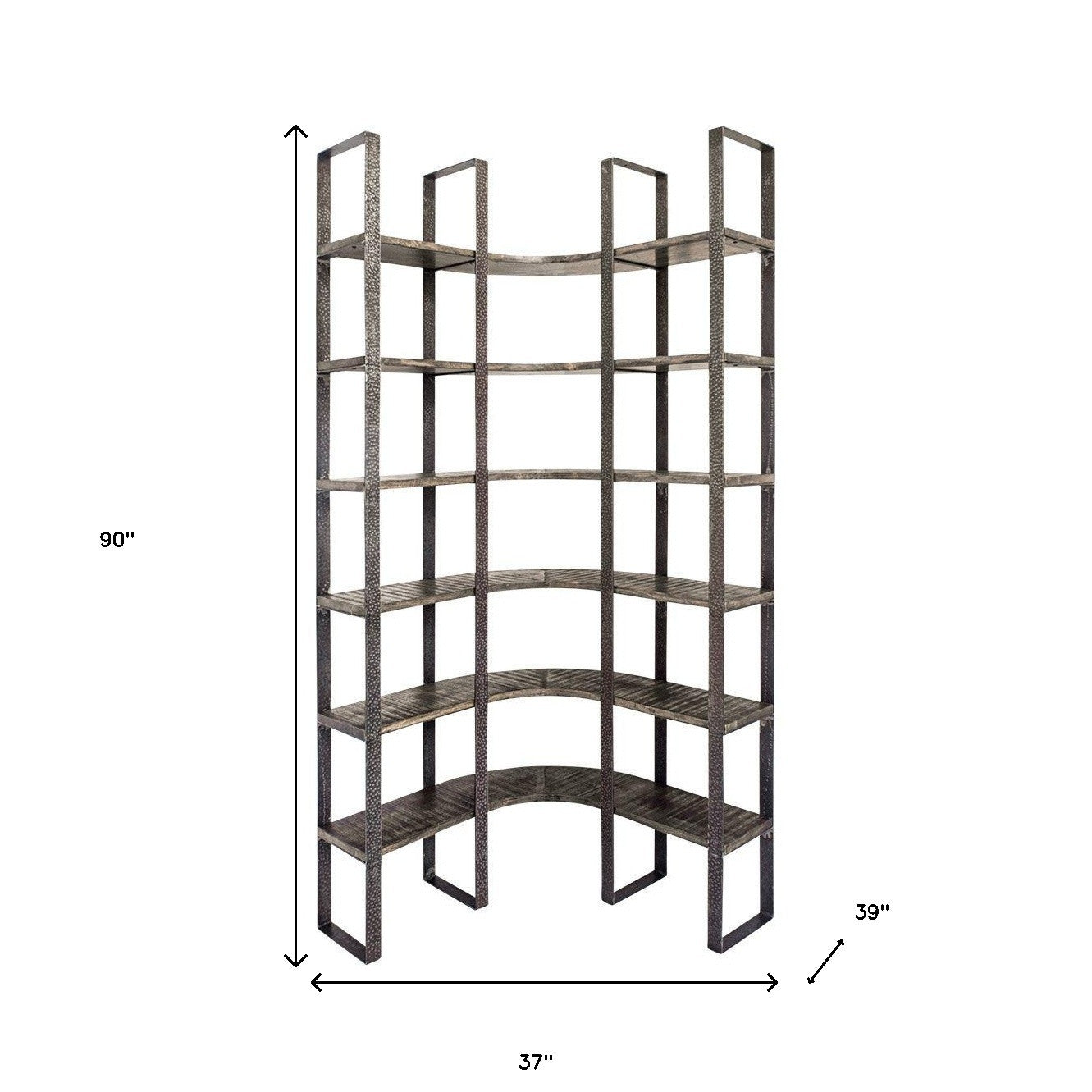 Brown Iron and Solid Wood Six Tier Bookcase