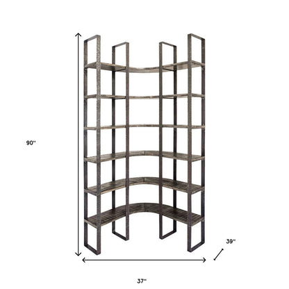 Brown Iron and Solid Wood Six Tier Bookcase