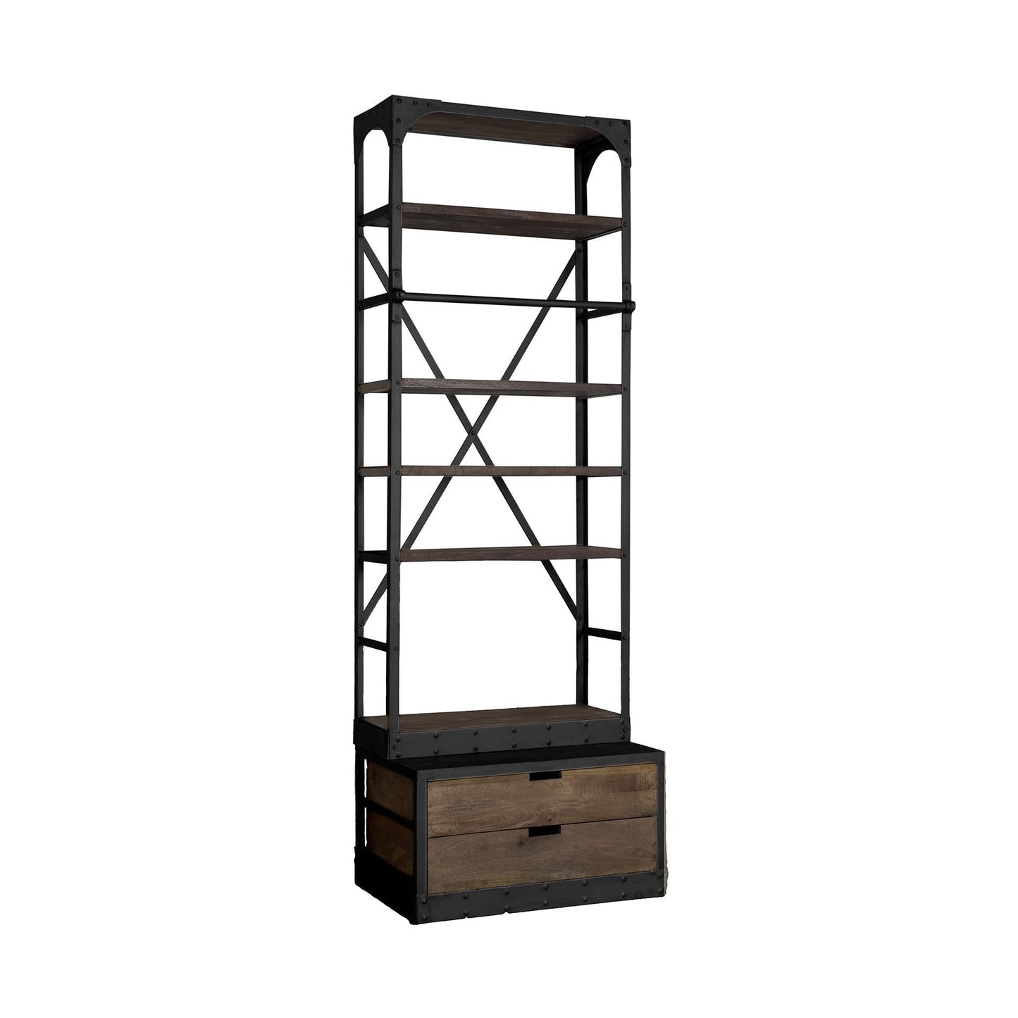 Black Iron and Solid Wood Five Tier Bookcase with Two Drawers