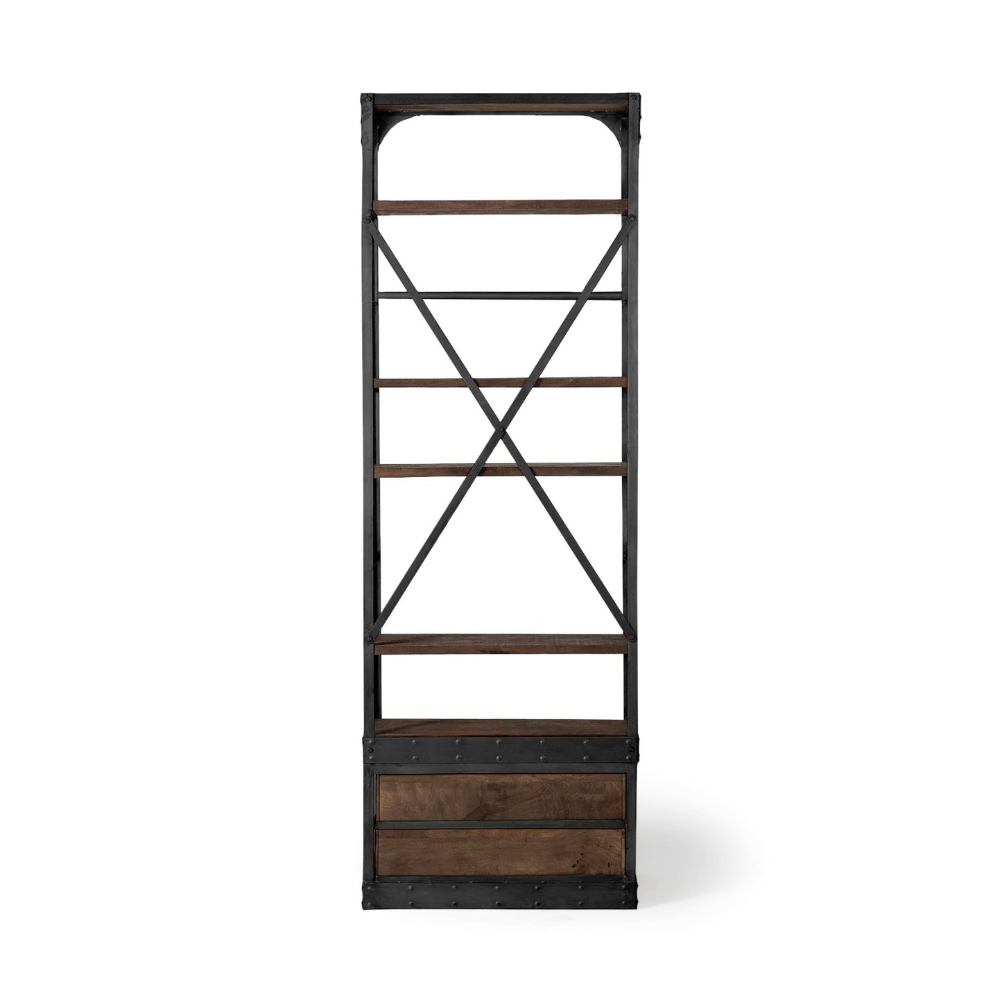 Black Iron and Solid Wood Five Tier Bookcase with Two Drawers