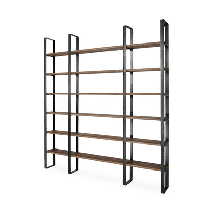 Brown Iron and Solid Wood Six Tier Bookcase
