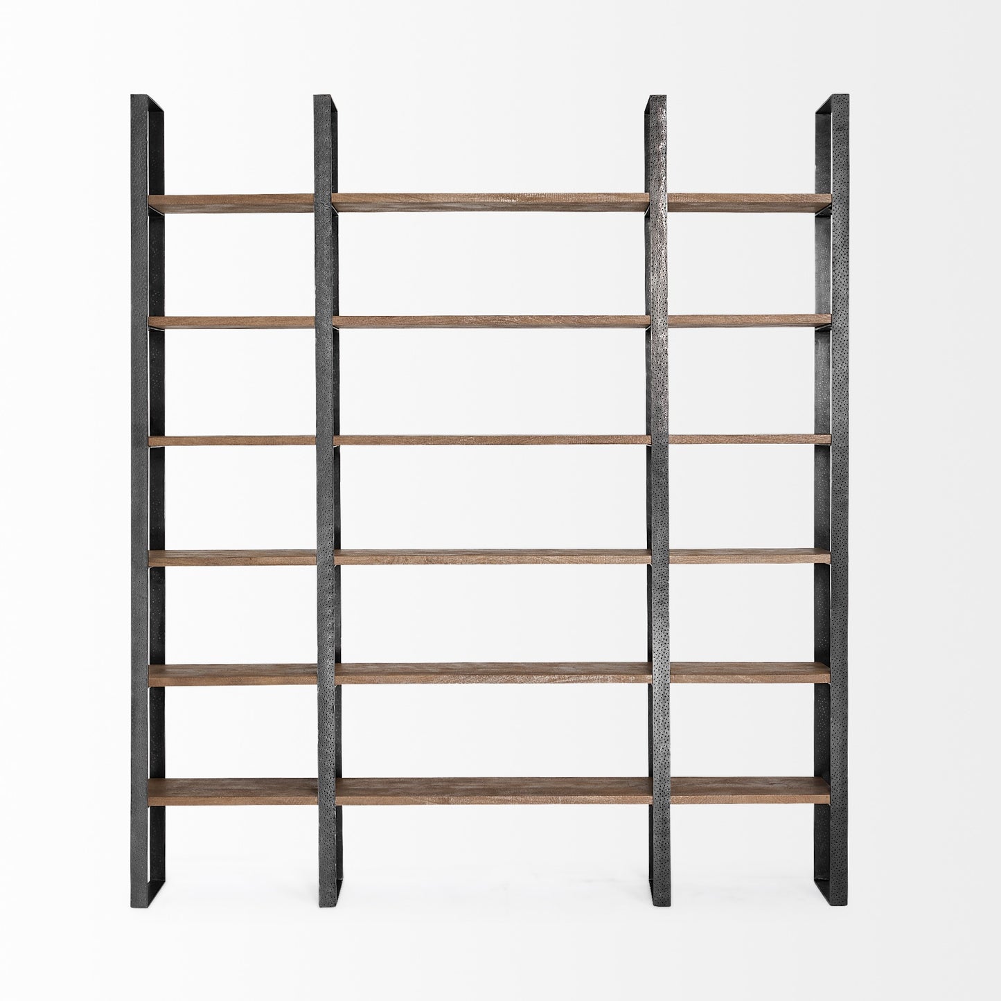 Brown Iron and Solid Wood Six Tier Bookcase