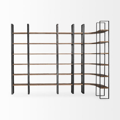 Brown Iron and Solid Wood Six Tier Bookcase