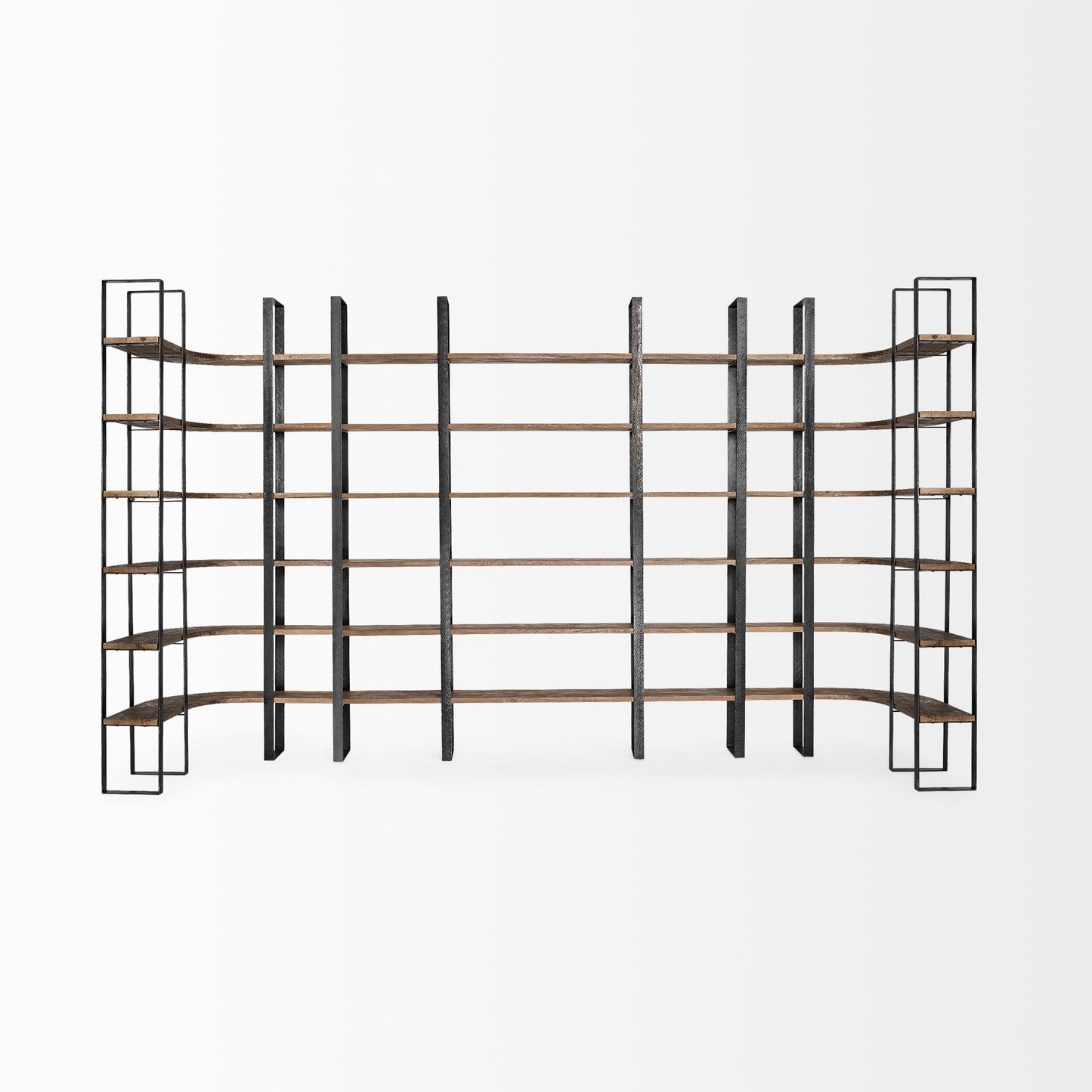 Brown Iron and Solid Wood Six Tier Bookcase