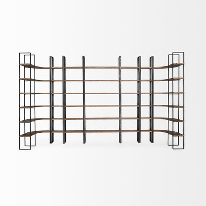 Brown Iron and Solid Wood Six Tier Bookcase