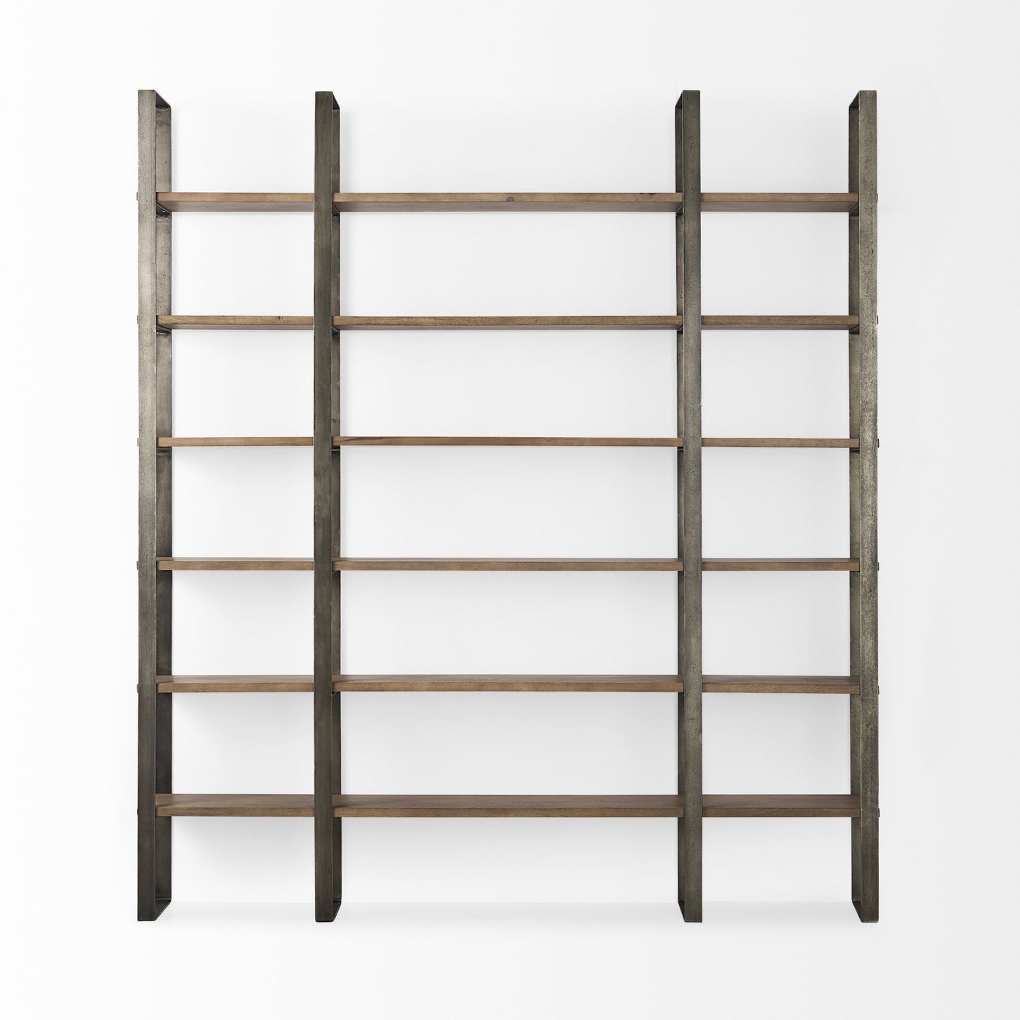 Brown Nickel and Solid Wood Six Tier Bookcase
