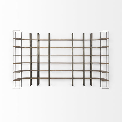 Brown Nickel and Solid Wood Six Tier Bookcase