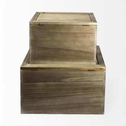 Set of Two Brown And Natural Cane And Solid Wood Box With Lid