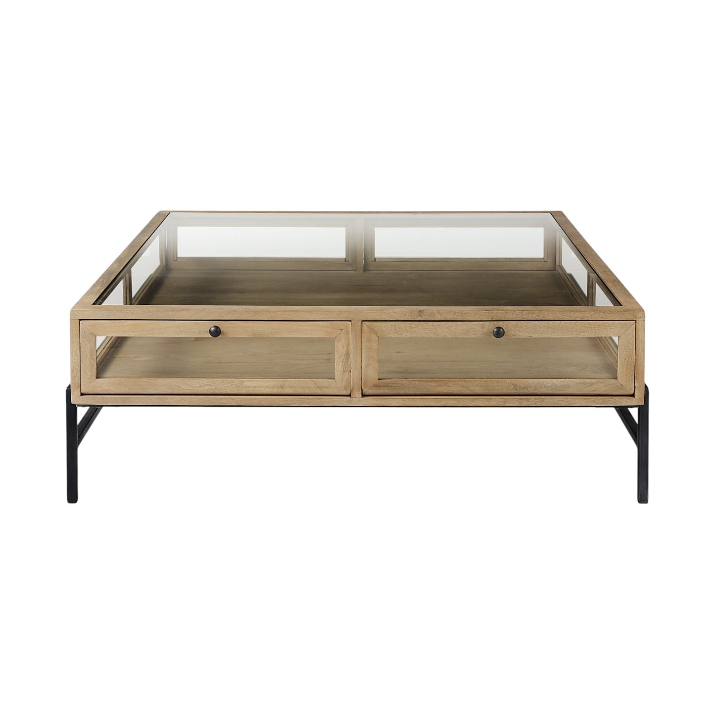 42" Clear and Black Glass and Metal Square Coffee Table With Two Drawers And Shelf