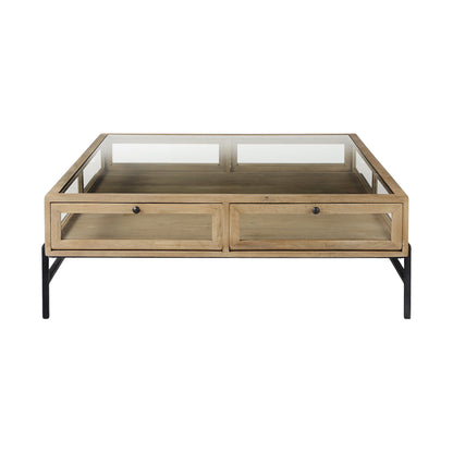 42" Clear and Black Glass and Metal Square Coffee Table With Two Drawers And Shelf