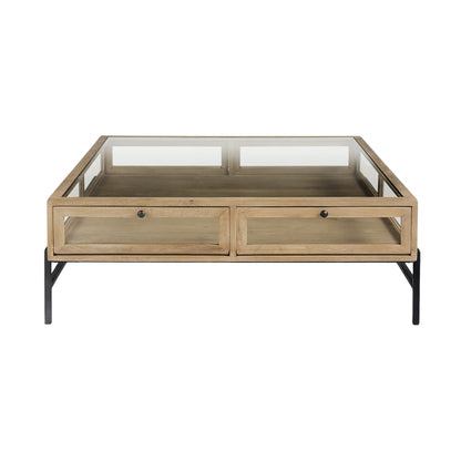 42" Clear and Black Glass and Metal Square Coffee Table With Two Drawers And Shelf