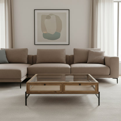 42" Clear and Black Glass and Metal Square Coffee Table With Two Drawers And Shelf