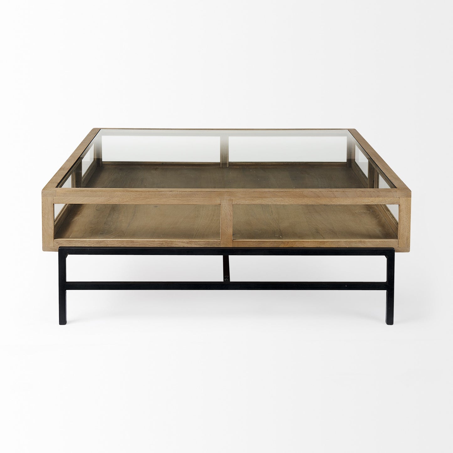 42" Clear and Black Glass and Metal Square Coffee Table With Two Drawers And Shelf