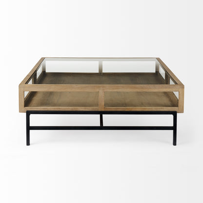 42" Clear and Black Glass and Metal Square Coffee Table With Two Drawers And Shelf