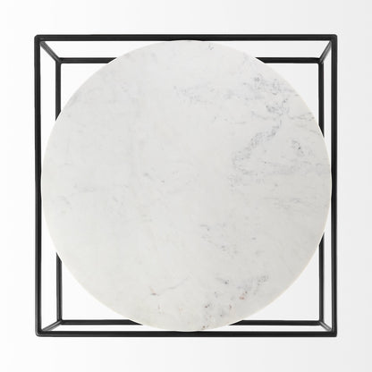 36" White and Black Genuine Marble and Metal Square Frame Coffee Table