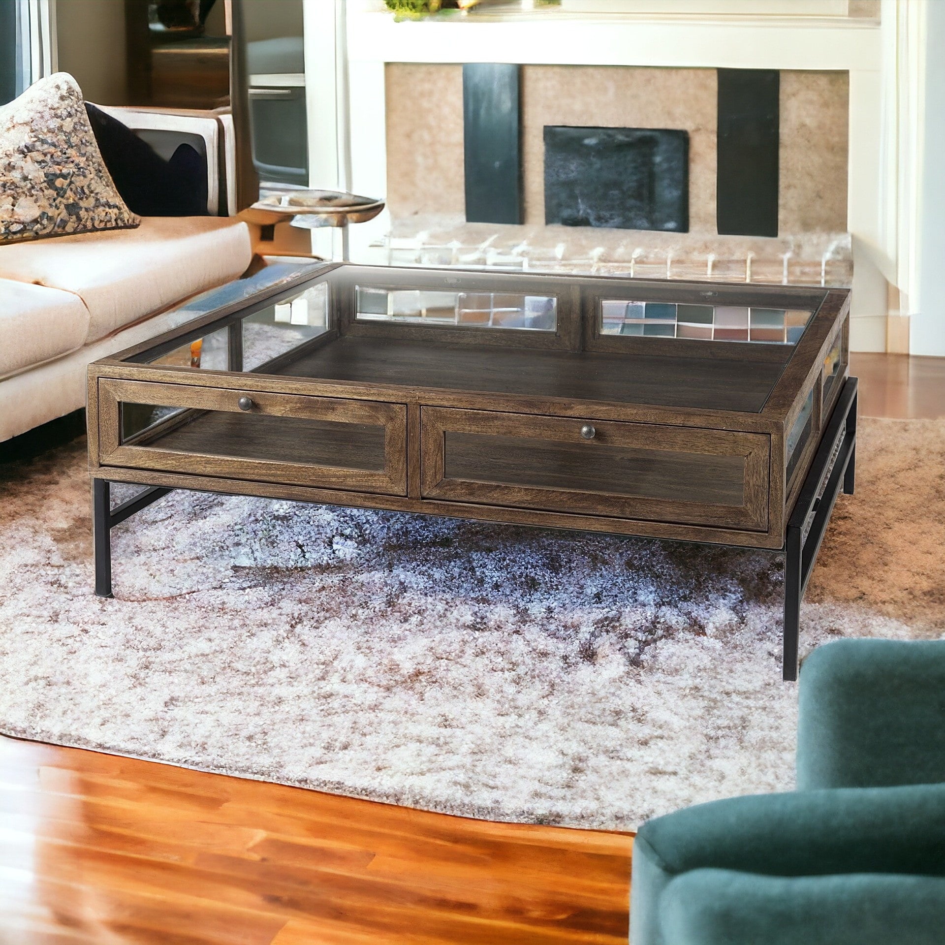 42" Dark Brown Glass and Metal Square Coffee Table With Shelf