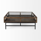 42" Dark Brown Glass and Metal Square Coffee Table With Shelf