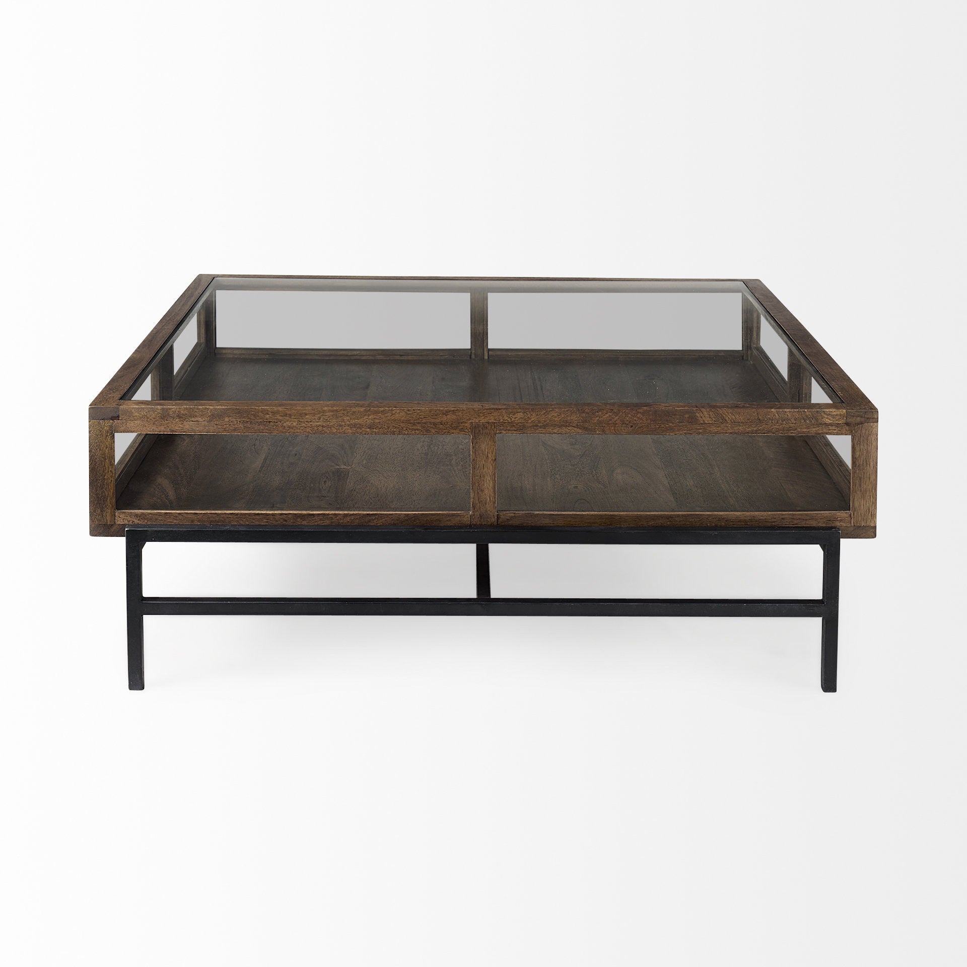 42" Dark Brown Glass and Metal Square Coffee Table With Shelf
