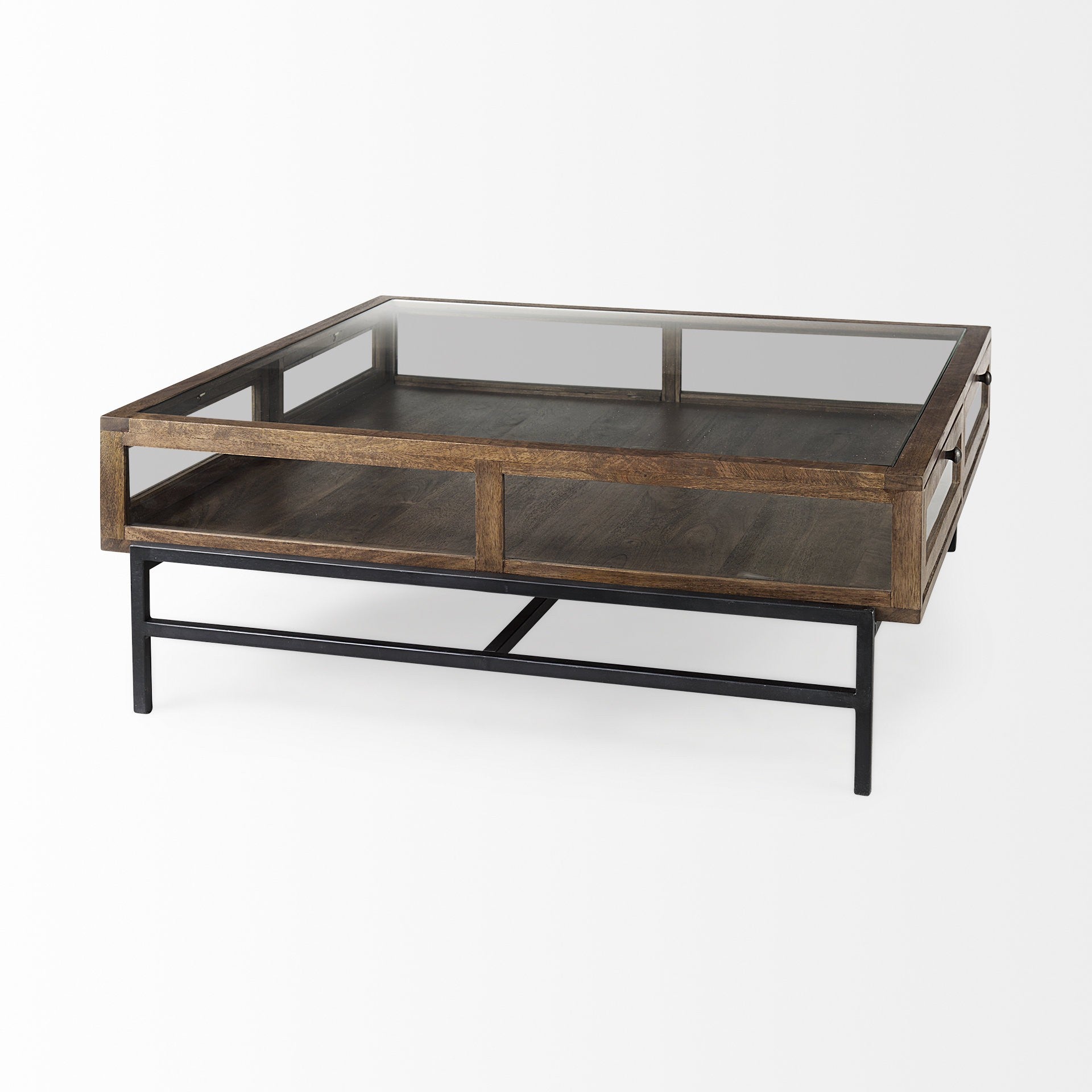 42" Dark Brown Glass and Metal Square Coffee Table With Shelf