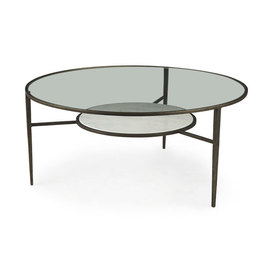 36" Clear and Bronze Glass and Metal Round Coffee Table With Shelf