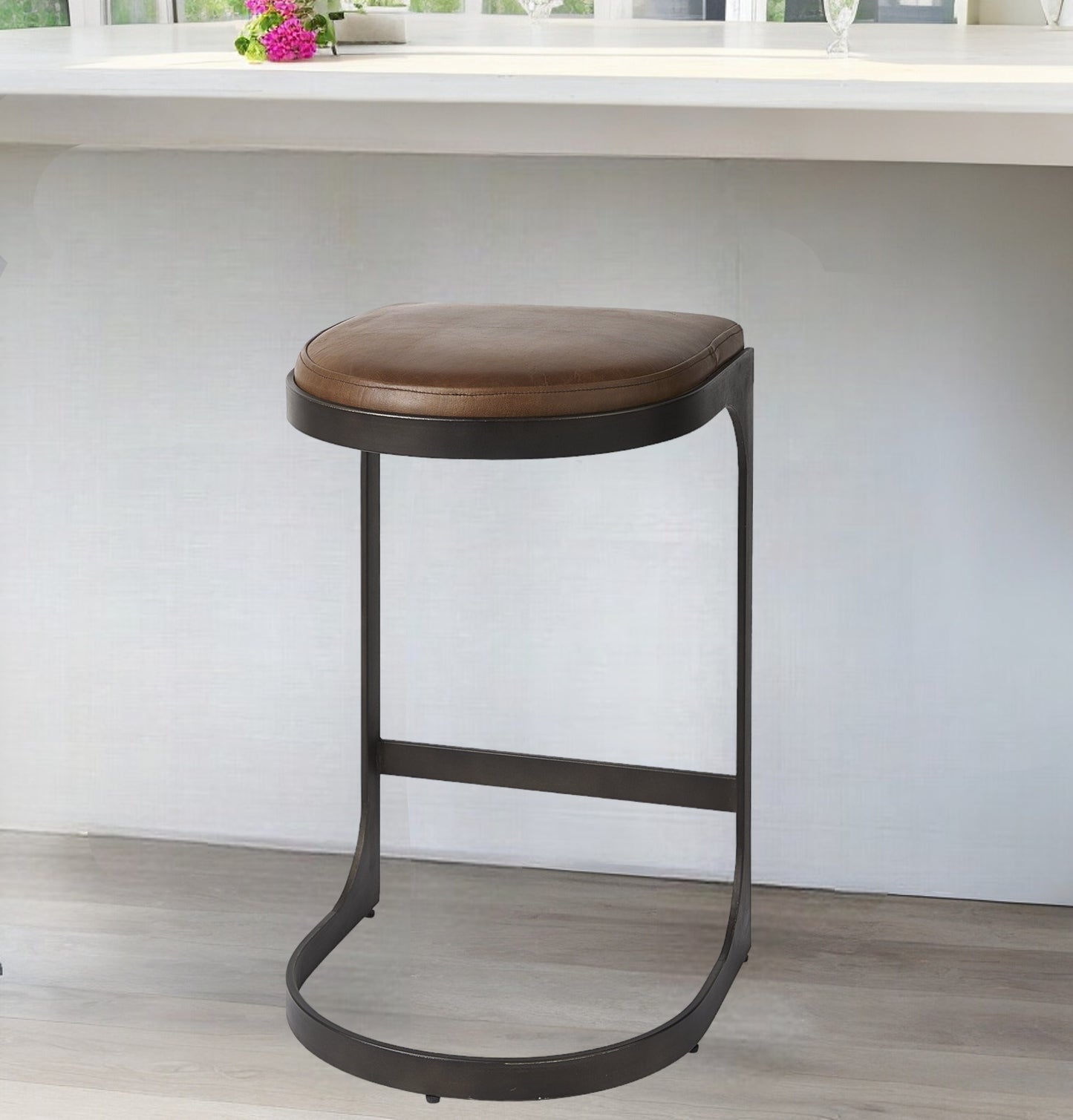 29" Black Leather and Metal Backless Bar Chair