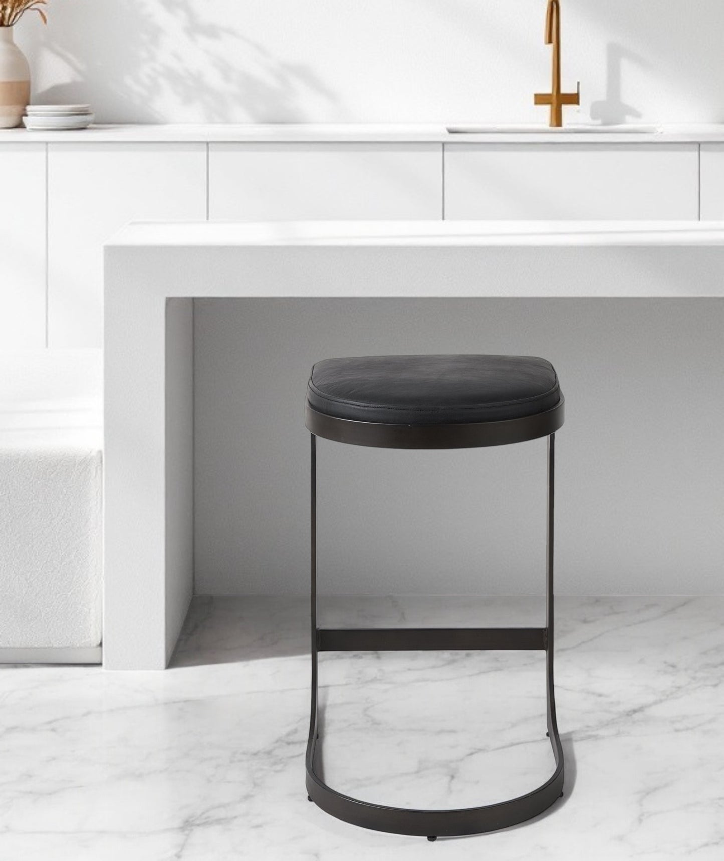 29" Black Faux Leather and Metal Backless Bar Chair