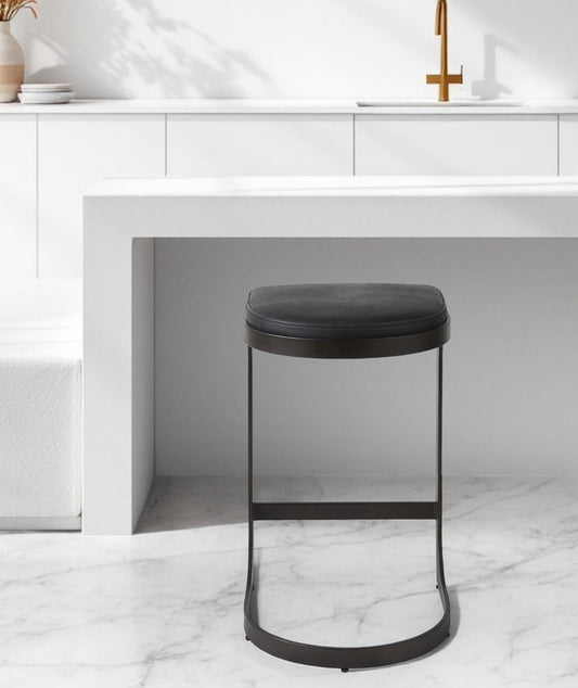 29" Black Faux Leather and Metal Backless Bar Chair