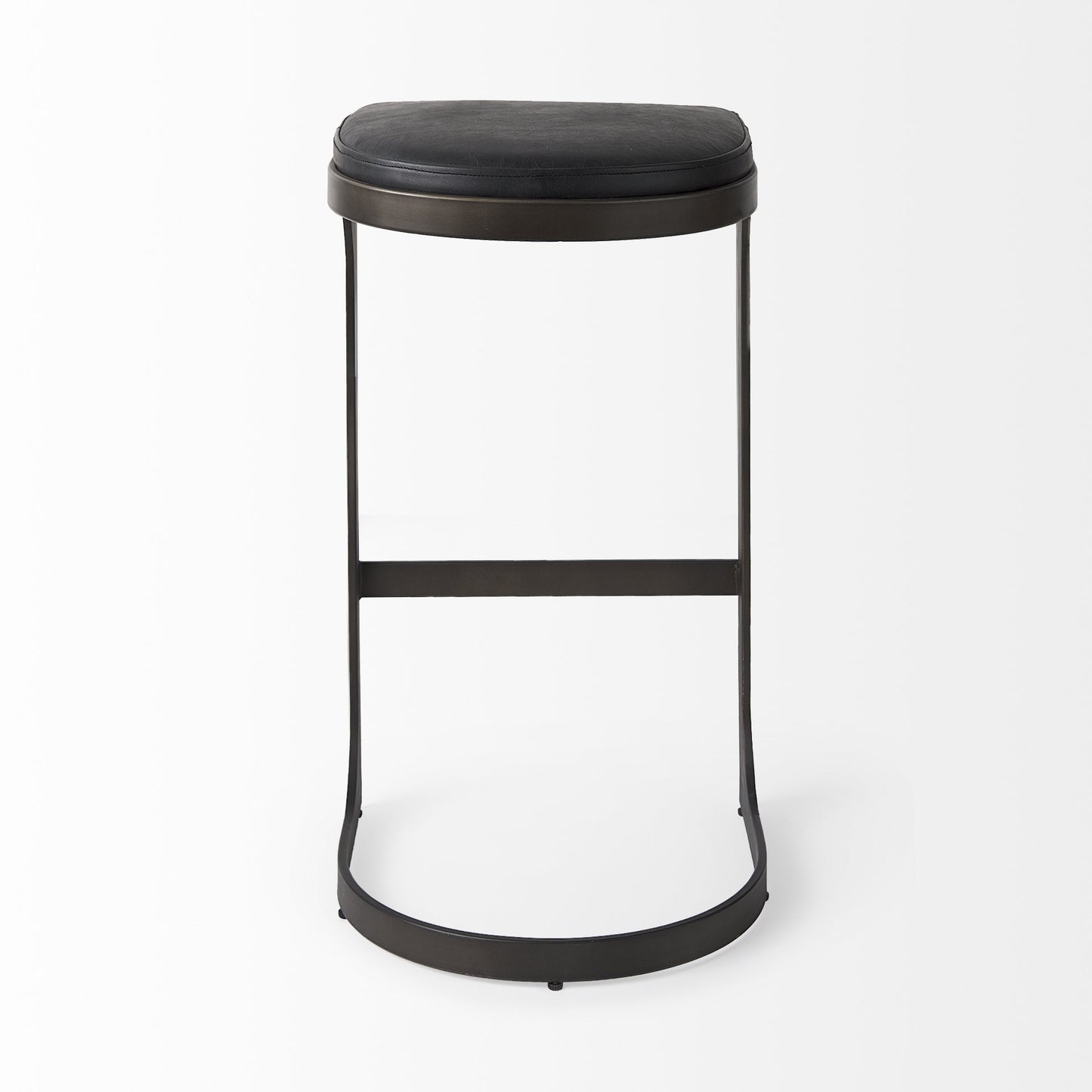 35" Black Leather and Metal Backless Bar Chair