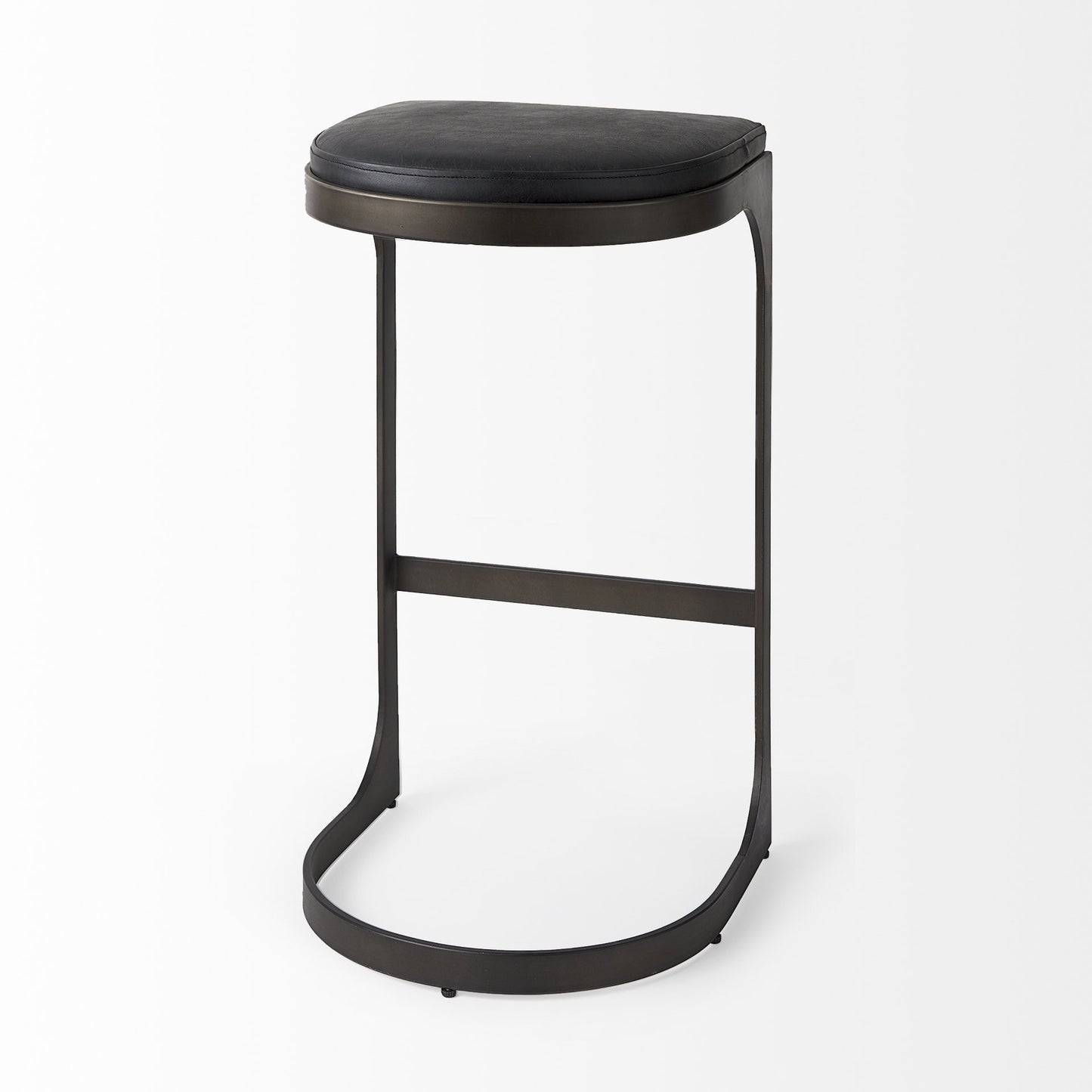 35" Black Leather and Metal Backless Bar Chair
