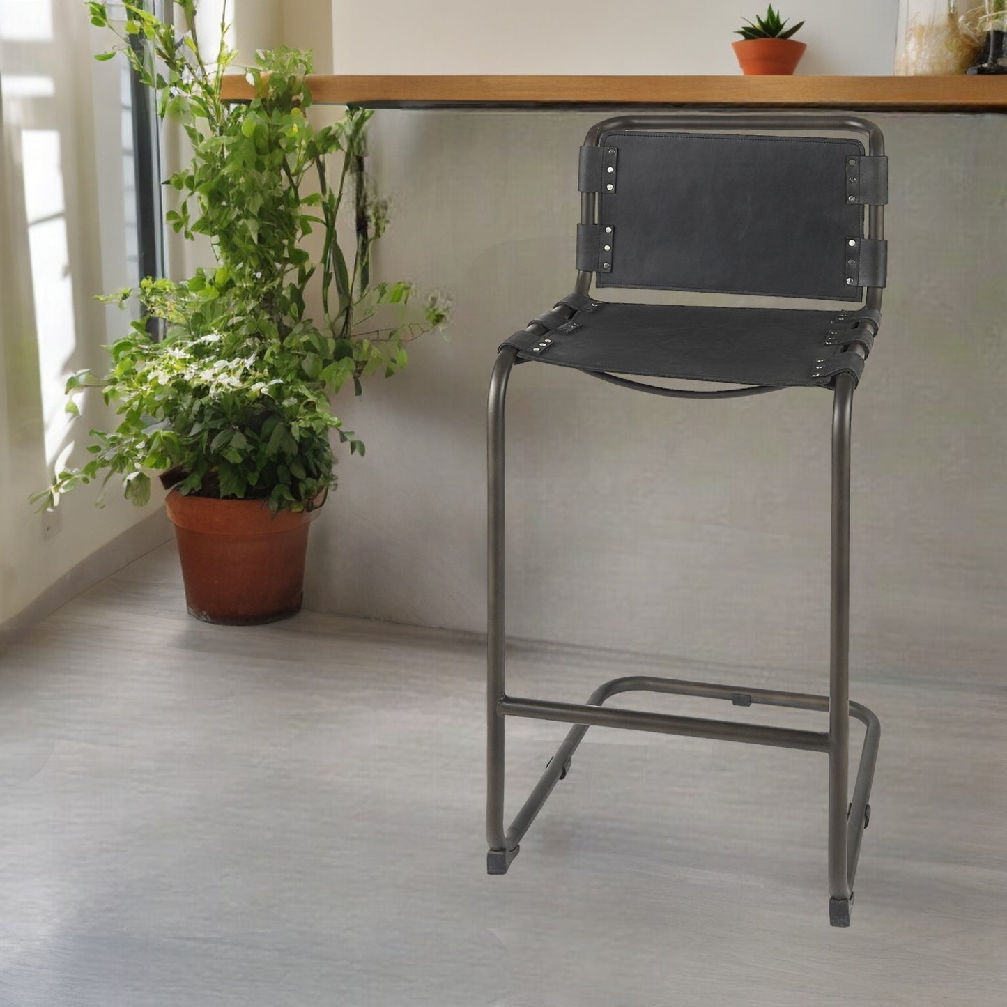 30" Black and Gray Leather and Iron Bar Height Bar Chair